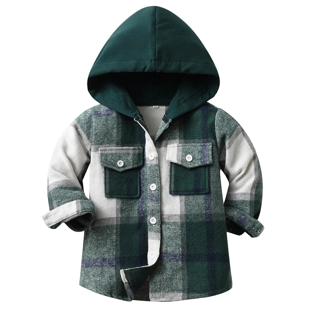 Hoodie Boys Plaid Shirt,Long Sleeve Kids Transition Jacket,Checkered Single Breasted Blouse,Spring Outerwear,Girls Lattice Tops