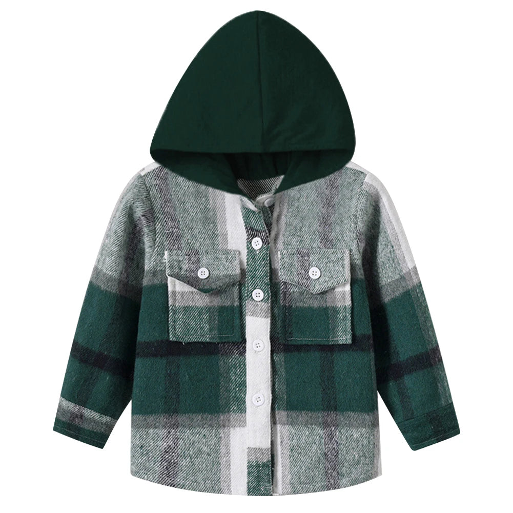 Hoodie Boys Plaid Shirt,Long Sleeve Kids Transition Jacket,Checkered Single Breasted Blouse,Spring Outerwear,Girls Lattice Tops