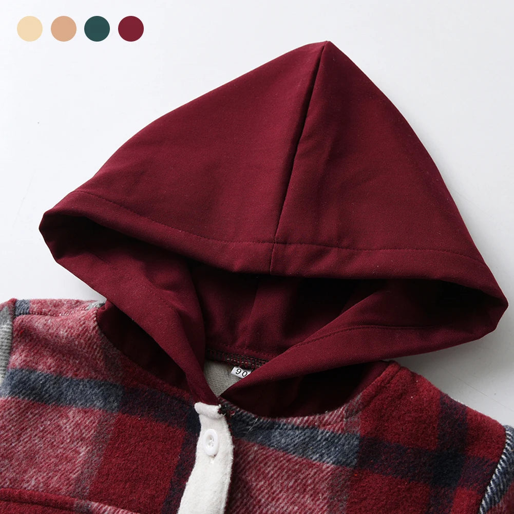 Hoodie Boys Plaid Shirt,Long Sleeve Kids Transition Jacket,Checkered Single Breasted Blouse,Spring Outerwear,Girls Lattice Tops