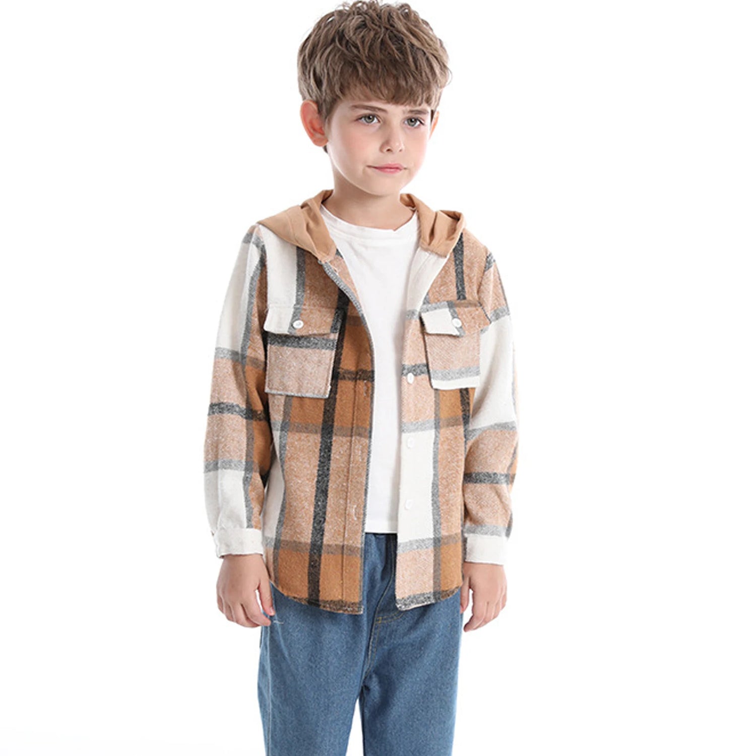 Hoodie Boys Plaid Shirt,Long Sleeve Kids Transition Jacket,Checkered Single Breasted Blouse,Spring Outerwear,Girls Lattice Tops