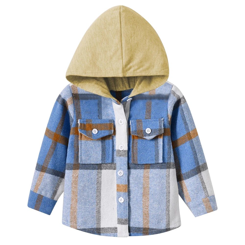 Hoodie Boys Plaid Shirt,Long Sleeve Kids Transition Jacket,Checkered Single Breasted Blouse,Spring Outerwear,Girls Lattice Tops