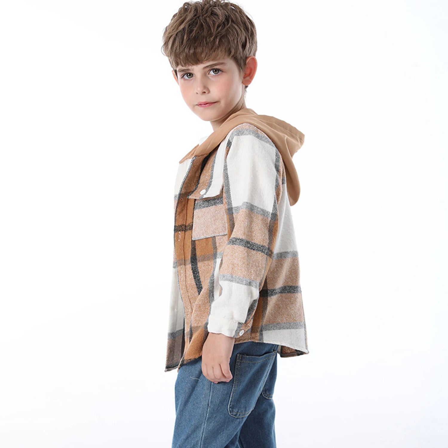 Hoodie Boys Plaid Shirt,Long Sleeve Kids Transition Jacket,Checkered Single Breasted Blouse,Spring Outerwear,Girls Lattice Tops