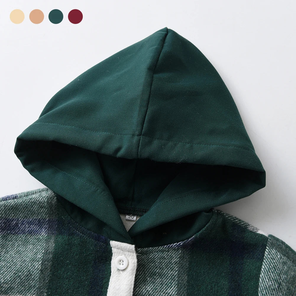 Hoodie Boys Plaid Shirt,Long Sleeve Kids Transition Jacket,Checkered Single Breasted Blouse,Spring Outerwear,Girls Lattice Tops