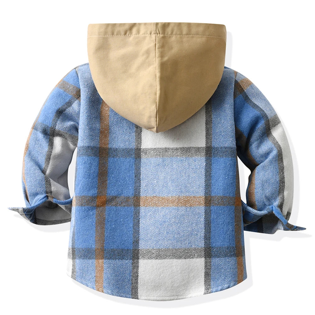 Hoodie Boys Plaid Shirt,Long Sleeve Kids Transition Jacket,Checkered Single Breasted Blouse,Spring Outerwear,Girls Lattice Tops