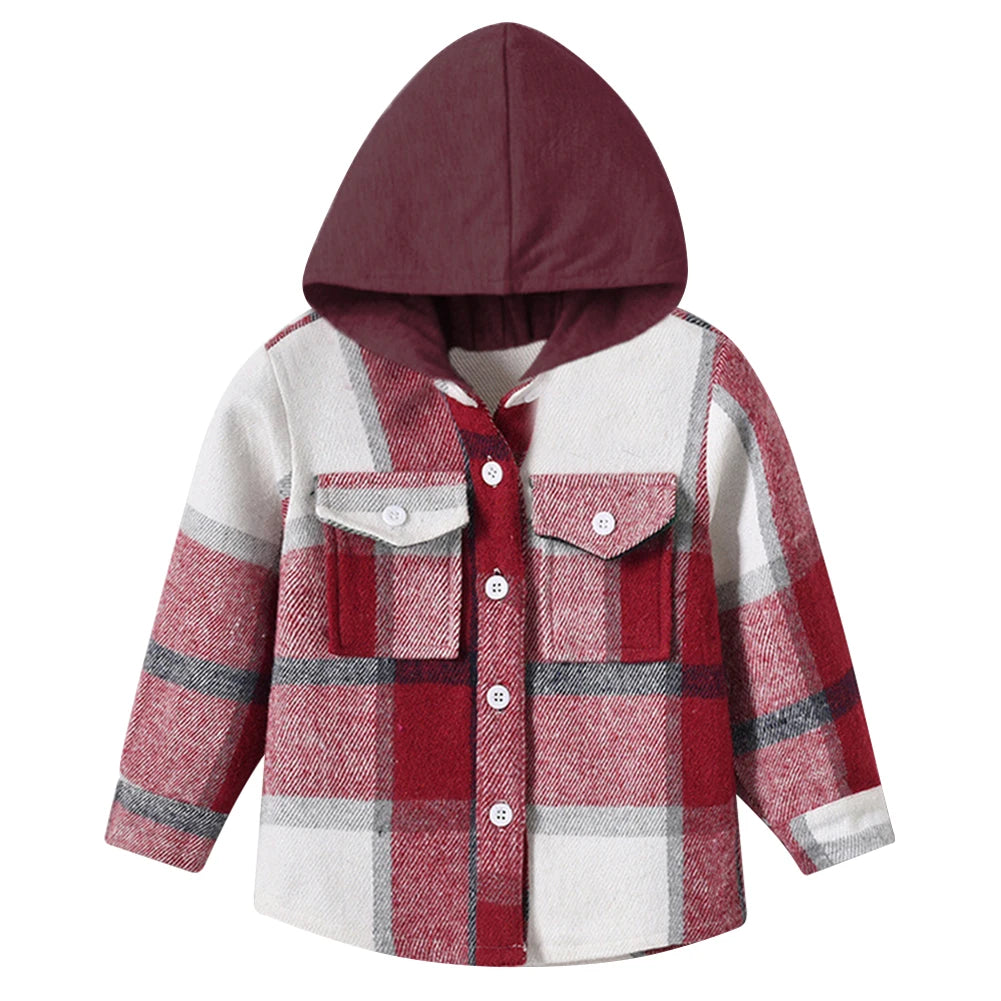 Hoodie Boys Plaid Shirt,Long Sleeve Kids Transition Jacket,Checkered Single Breasted Blouse,Spring Outerwear,Girls Lattice Tops