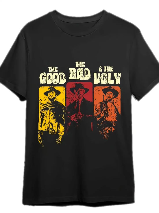 Round Neck Comfortable T-shirt, Cool, Good, Bad, Ugly Pattern Print, Black Casual Knitted Elastic Fabric Summer Men Women Top