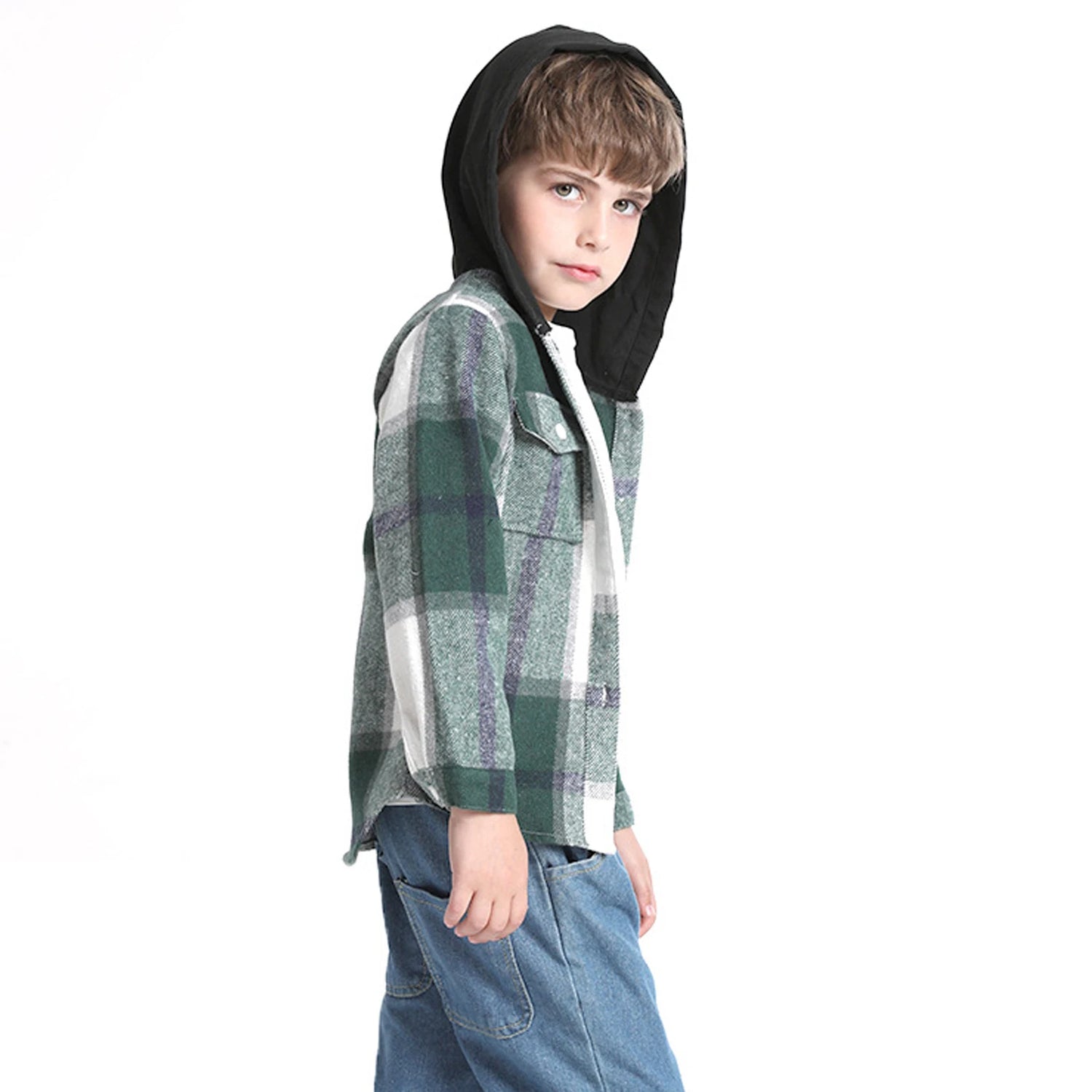 Hoodie Boys Plaid Shirt,Long Sleeve Kids Transition Jacket,Checkered Single Breasted Blouse,Spring Outerwear,Girls Lattice Tops