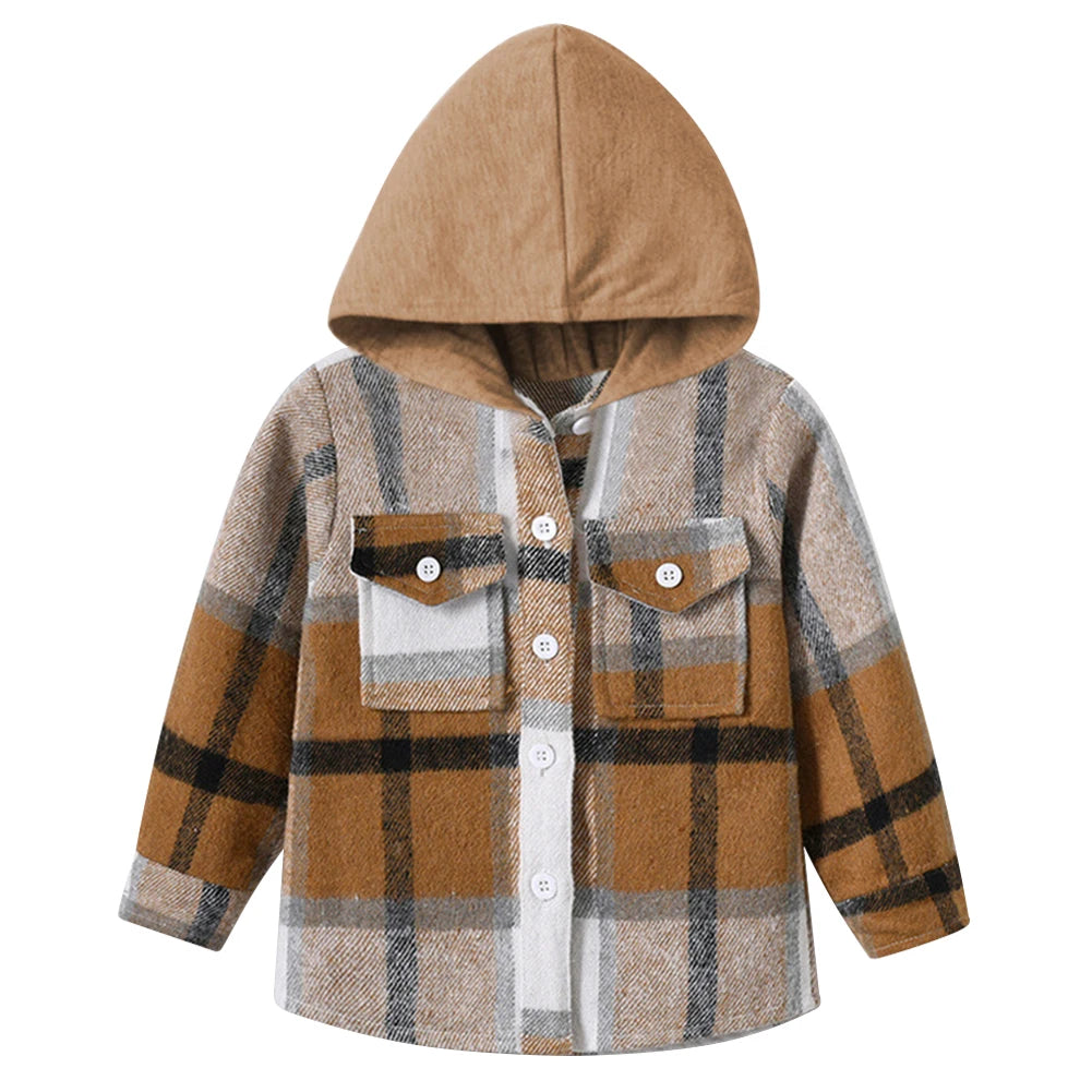 Hoodie Boys Plaid Shirt,Long Sleeve Kids Transition Jacket,Checkered Single Breasted Blouse,Spring Outerwear,Girls Lattice Tops