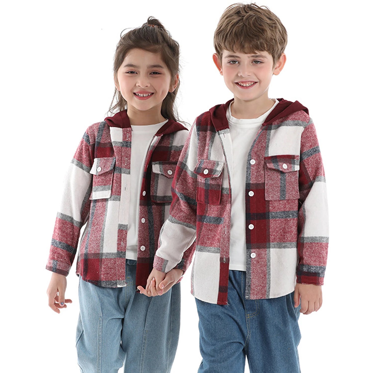 Hoodie Boys Plaid Shirt,Long Sleeve Kids Transition Jacket,Checkered Single Breasted Blouse,Spring Outerwear,Girls Lattice Tops