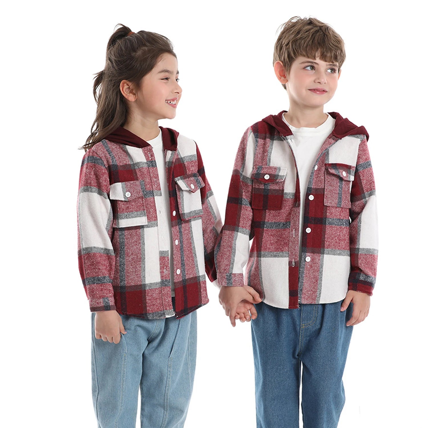 Hoodie Boys Plaid Shirt,Long Sleeve Kids Transition Jacket,Checkered Single Breasted Blouse,Spring Outerwear,Girls Lattice Tops