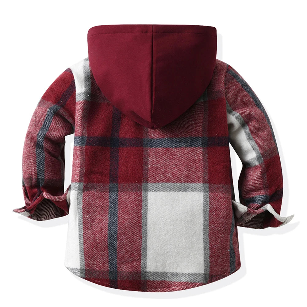 Hoodie Boys Plaid Shirt,Long Sleeve Kids Transition Jacket,Checkered Single Breasted Blouse,Spring Outerwear,Girls Lattice Tops