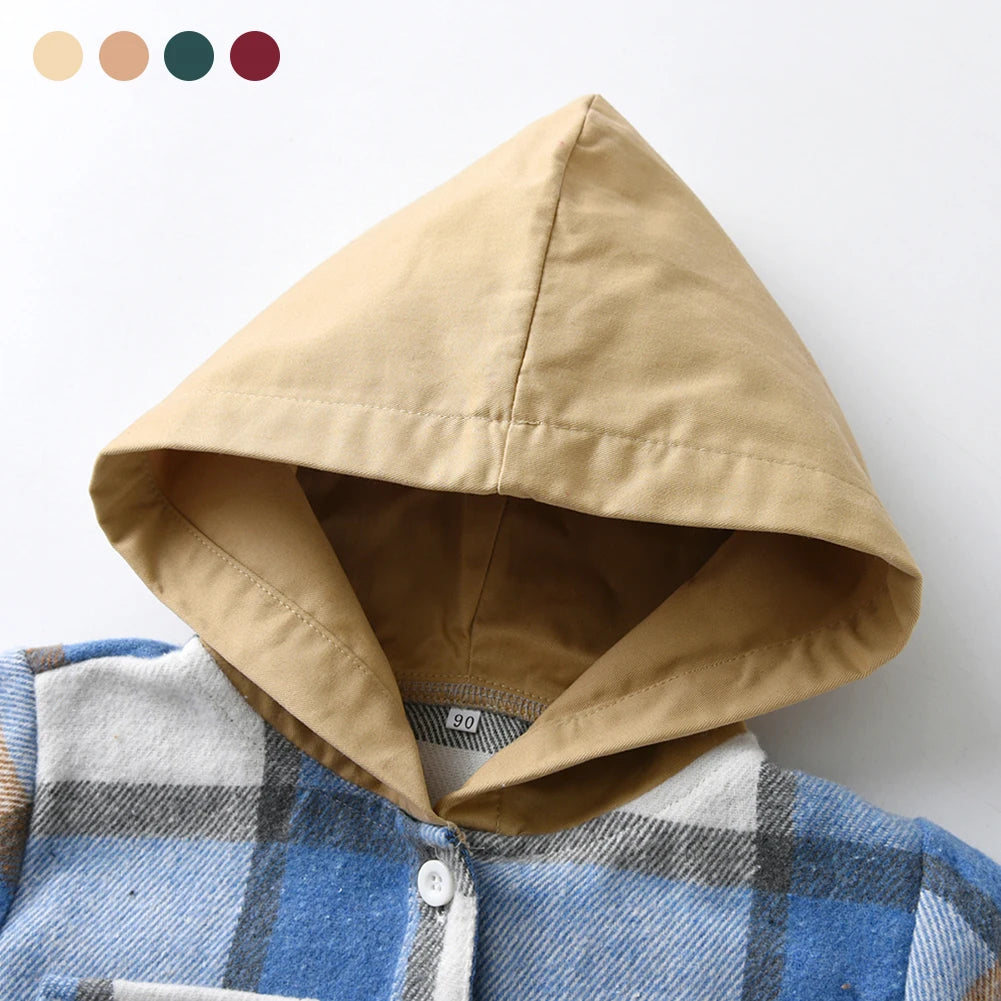 Hoodie Boys Plaid Shirt,Long Sleeve Kids Transition Jacket,Checkered Single Breasted Blouse,Spring Outerwear,Girls Lattice Tops