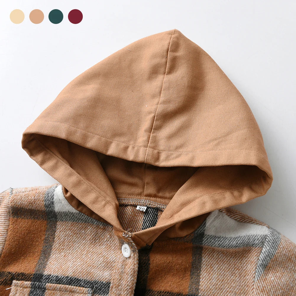 Hoodie Boys Plaid Shirt,Long Sleeve Kids Transition Jacket,Checkered Single Breasted Blouse,Spring Outerwear,Girls Lattice Tops