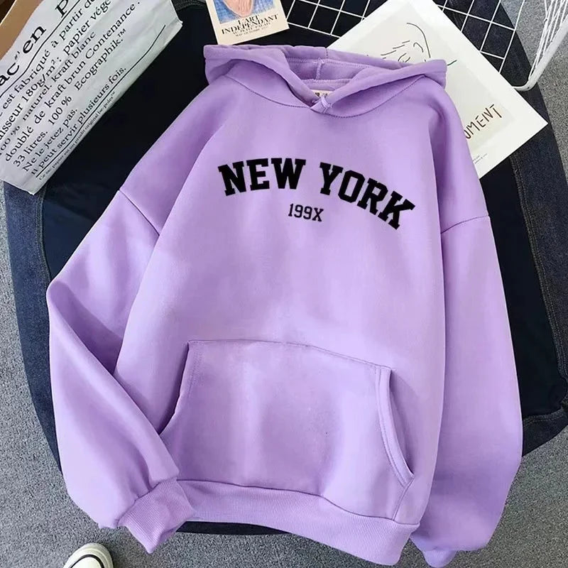 Hoodie Europe and America Sweatshirts for Women New York Letter Y2k Autumn Winter Oversized Plus Velvet Casual Loose Fleece Tops