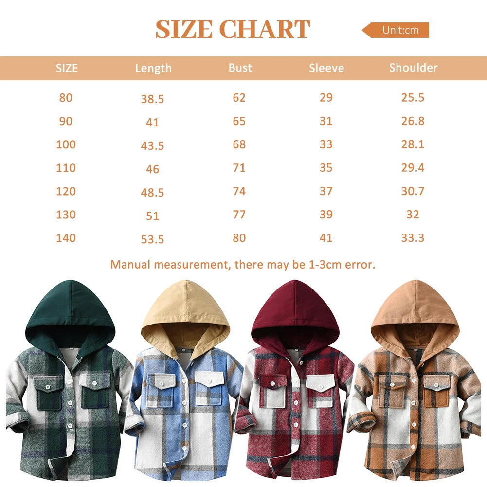 Hoodie Boys Plaid Shirt,Long Sleeve Kids Transition Jacket,Checkered Single Breasted Blouse,Spring Outerwear,Girls Lattice Tops