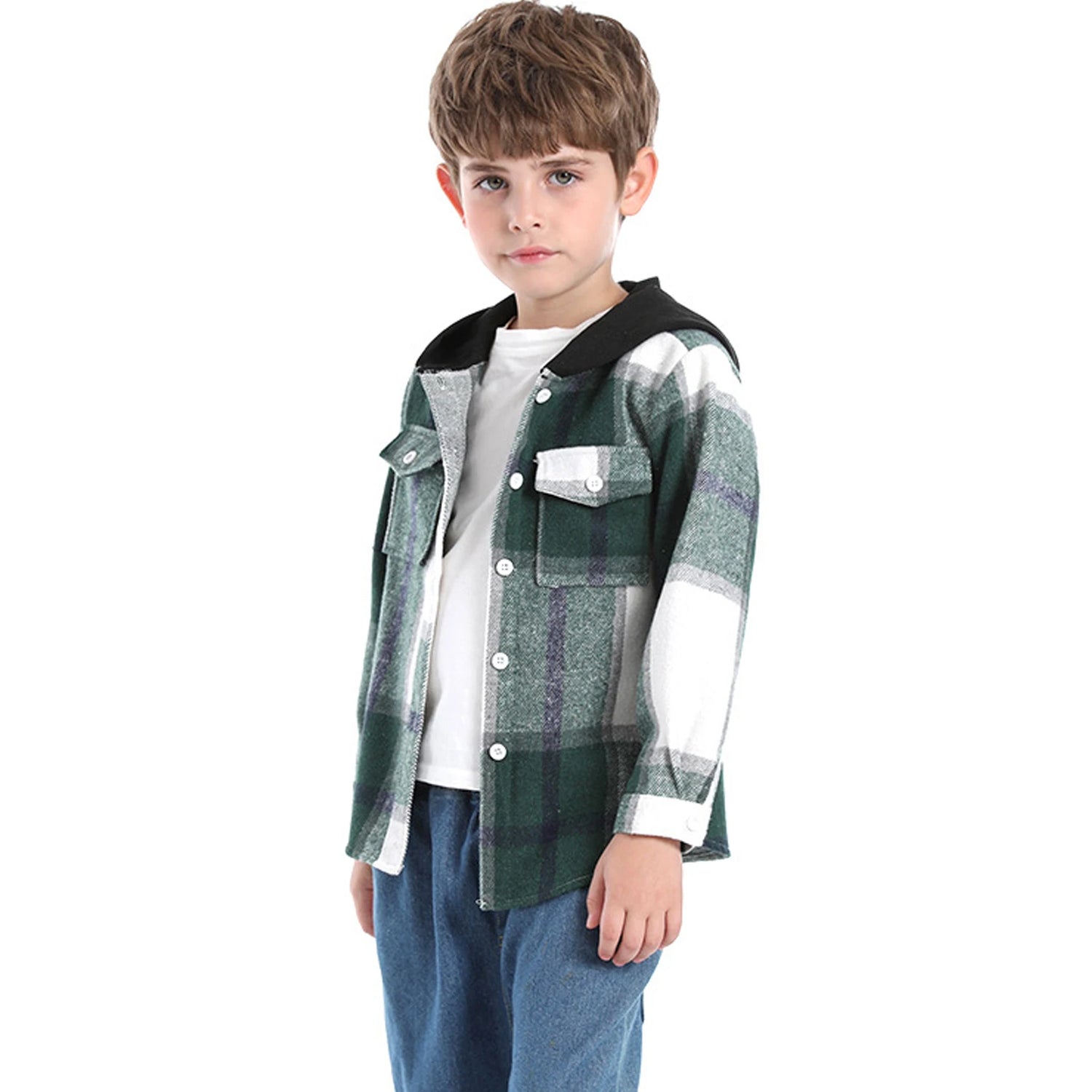 Hoodie Boys Plaid Shirt,Long Sleeve Kids Transition Jacket,Checkered Single Breasted Blouse,Spring Outerwear,Girls Lattice Tops