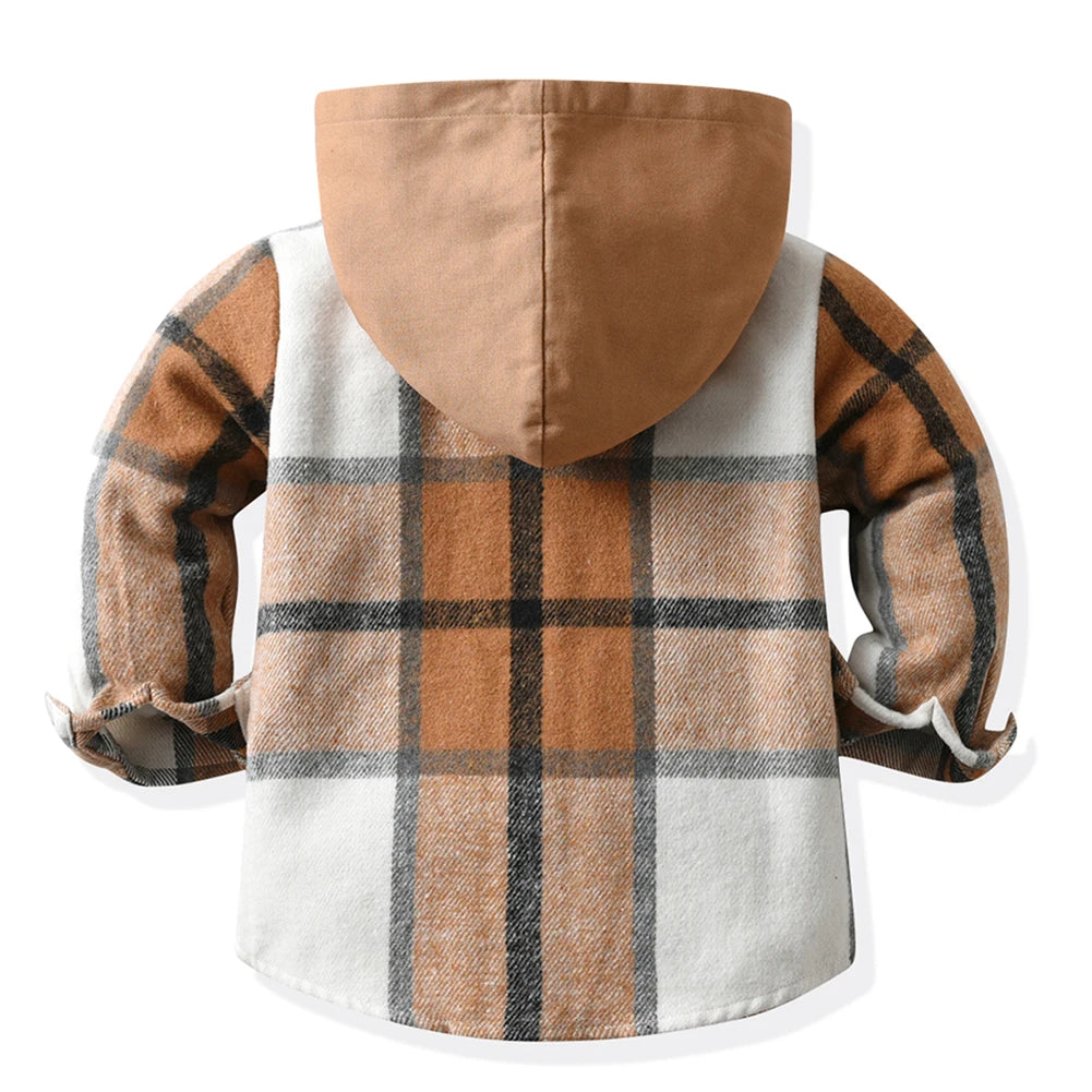 Hoodie Boys Plaid Shirt,Long Sleeve Kids Transition Jacket,Checkered Single Breasted Blouse,Spring Outerwear,Girls Lattice Tops
